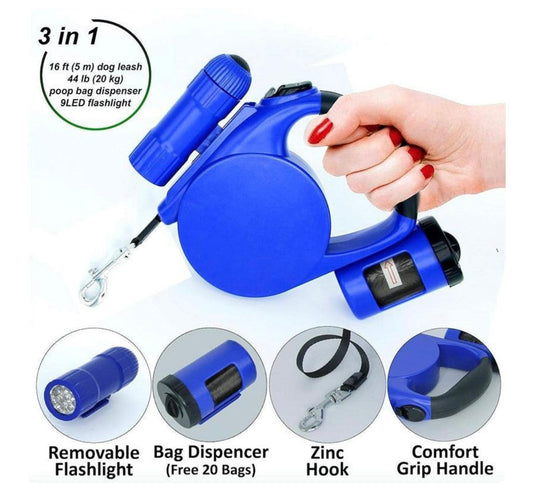 LED Light And Waste Bag Dispenser Retractable Dog Leash